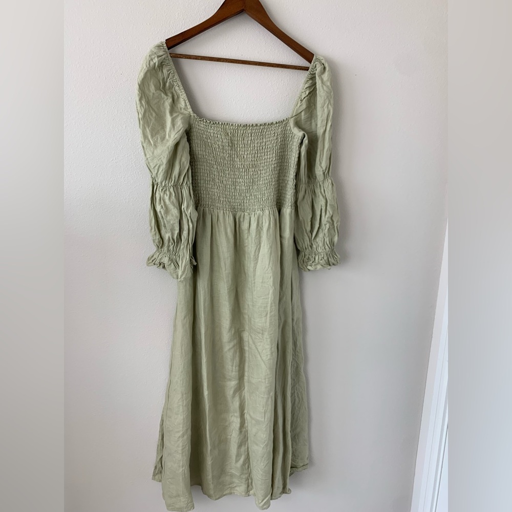 Reformation Linen Square Neck Sage Maxi Dress Slit Leg Dress